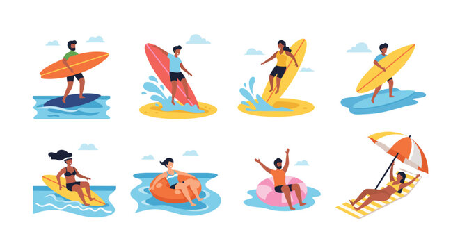Dynamic set of illustrations showing diverse people enjoying various summer beach activities like surfing, swimming, and sunbathing on lounge.