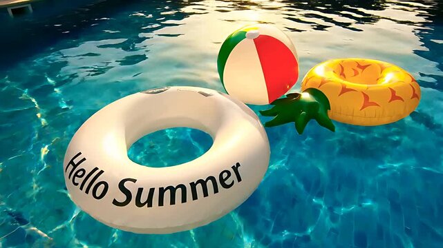 Inflatable pool floats and beach ball floating on clear blue water in a sunny swimming pool. White ring with Hello Summer text alongside a pineapple tube. Leisure vacation concept for resort ads.