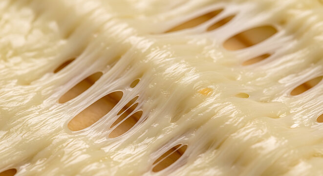 Close-up of melted cheese stretching, showing texture and strings, food background