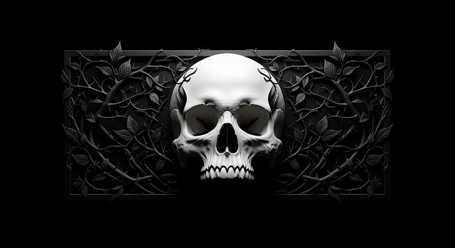 Human skull illustration with dark floral leaves ornament illustration