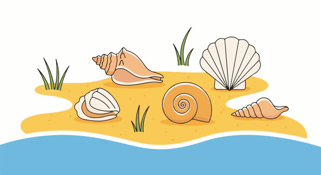 Colorful cartoon illustration of diverse seashells on sandy beach with grass