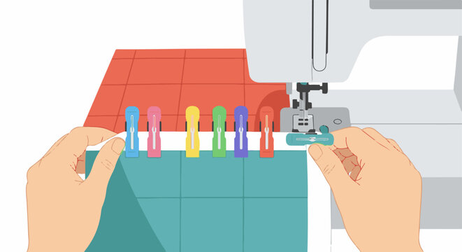 Hands guide fabric under a sewing machine needle, colorful clips hold edge
