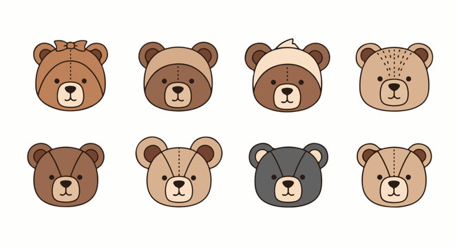 Eight different cartoon teddy bear faces with varied colors and ear designs