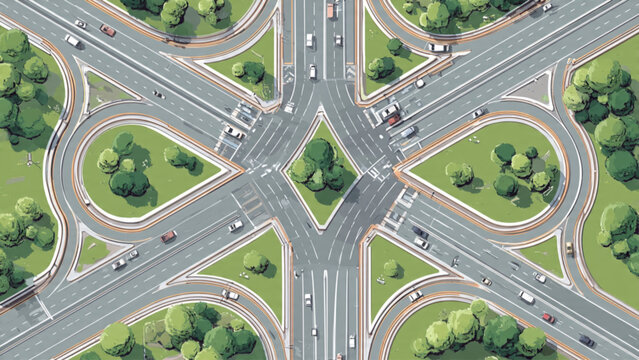 Aerial view of complex multi-lane highway interchange with greenery and urban infrastructure