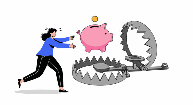 Woman reaching for piggy bank positioned above a bear trap