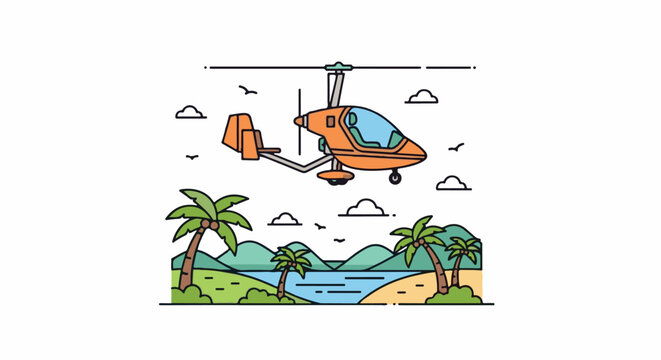 Orange autogyro flies over a tropical beach with palm trees and mountains