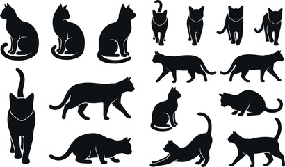Black Cat Silhouette Collection Featuring Elegant Sitting Walking and Stretching Poses for Halloween Graphics Domestic Pet Designs and Creative Vector Projects © DarparajDab