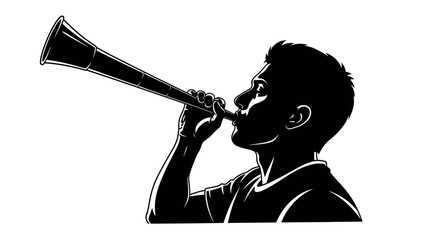Black silhouette boy blowing horn, trumpet player icon, musical instrument, monochrome illustration © MITURANI
