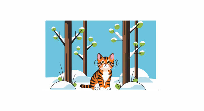 Adorable tiger cat sits in a snowy forest with bare trees