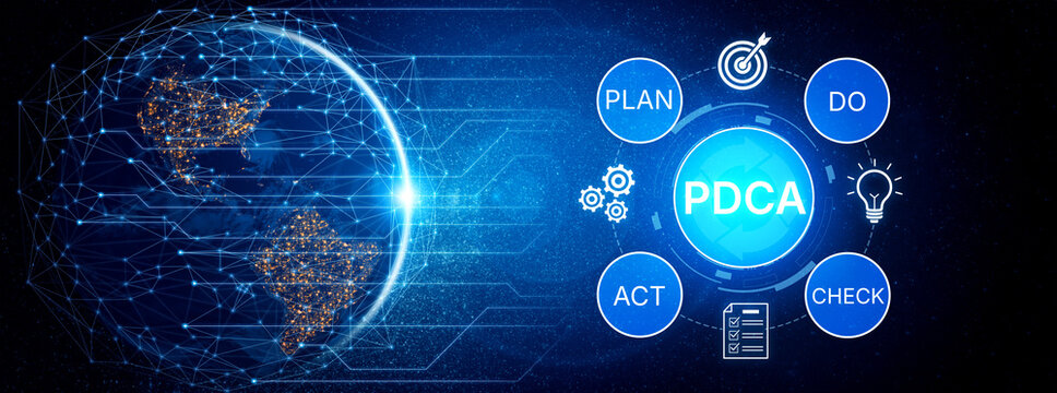 Global PDCA Cycle Concept with Earth and Digital Elements Representing Plan, Do, Check, Act for Continuous Improvement and Management Strategies. Bitwise.