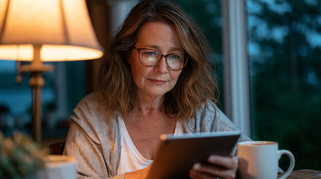 Middle school teacher reviewing parent progress report app on a tablet at a rain-soaked kitchen table after school hours, empty coffee mug beside her, reading glasses on, late evening lamp casting w