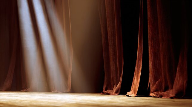 actor. An empty theater stage features dramatic spotlight beams and partially visible velvet curtains, evoking a cinematic mood. event programs.