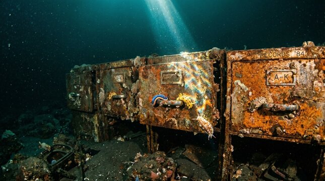 Sunken Rusty File Cabinets Covered In Marine Growths And Nudibranchs Underwater Archive