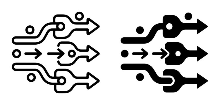 Merging Paths Vector Icons, Convergence and Divergence Flow Arrows, Process Streamline Symbols