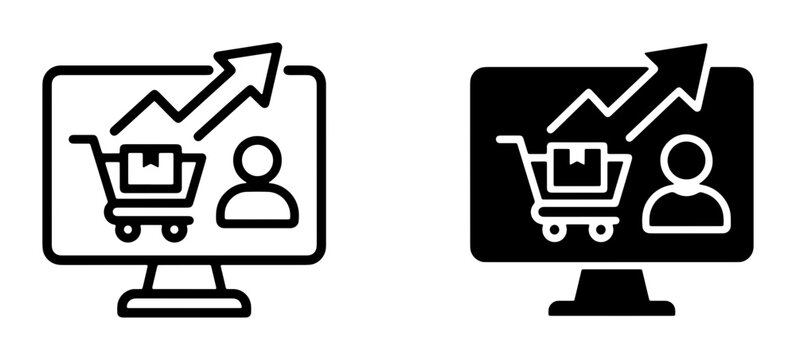 Online Shopping Growth Icons: Computer monitor displaying shopping cart, user silhouette, and upward trending graph, representing e-commerce success and sales analytics. Set includes outline and