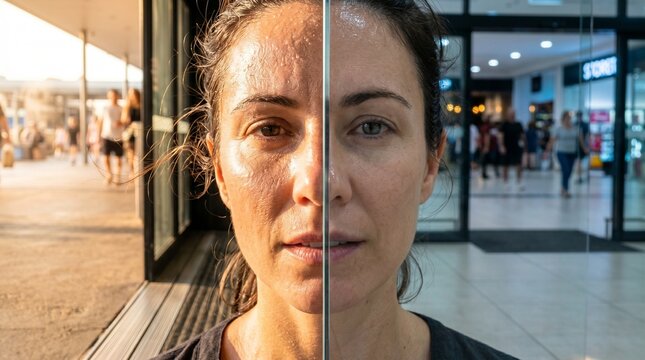 Split screen showing sweating woman outside versus inside an Air Conditioned Mall Entrance. Suited for HVAC system advertisements and temperature management blogs.