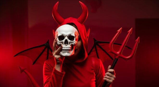Person in red devil costume holding a skull and pitchfork illustration