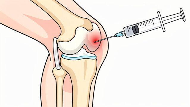 Medical illustration of knee joint injection with syringe and inflamed area for treatment