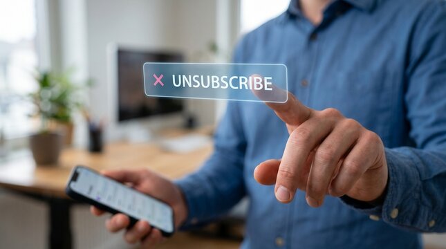 Man in blue shirt interacting with unsubscribe button on smartphone in office