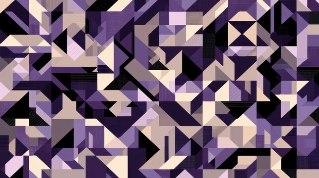 A geometric pattern of overlapping triangles in shades of purple, gray, and beige.