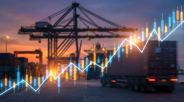 Trucking and land logistics transportation with stock market growth. Financial chart overlay on cargo trucks at shipping terminal. Distribution network and supply chain economy concept.