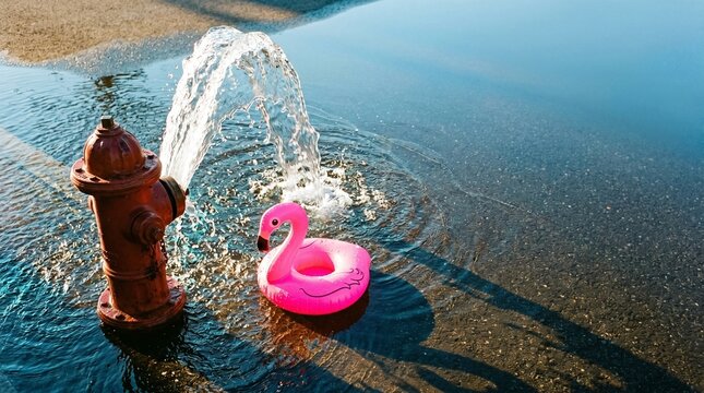Pink flamingo floatie floating by an Open Fire Hydrant Street spray. Tailored for surreal summer art, whimsical city vacation concepts and vibrant party invitations.