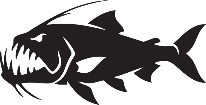 Fierce piranha fish silhouette aggressive predator illustration for sports logos and gaming icons isolated on white background