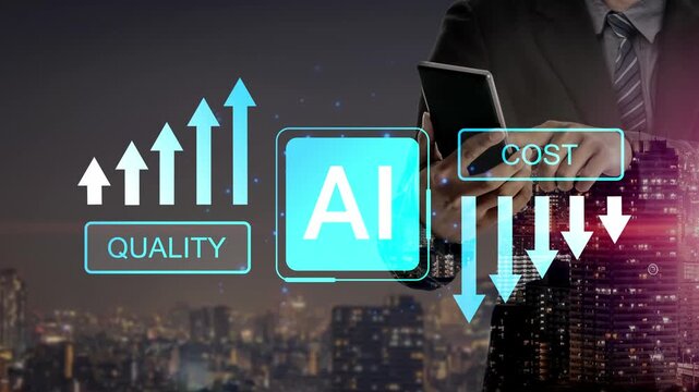 Businessman in Suit Analyzing AI Trends in Quality and Cost with Bar Graphs Against Urban Night Cityscape Background Gluon.