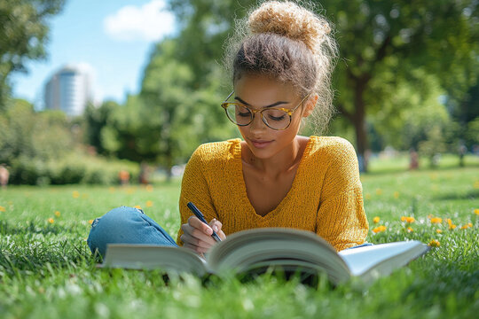 Woman sitting in the grass.