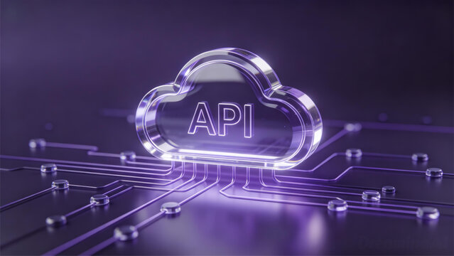 3D glass cloud API integration icon on abstract tech motherboard background, digital connection concept