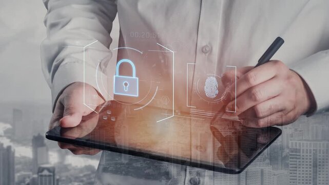 Digital cyber security lock system highlighting data security encryption, cyber password protection, fingerprint ID, cloud storage safety, and cyber security for online access Marrow