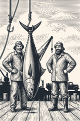 Obraz premium Vintage vector engraving illustration of two proud fishermen posing with a giant hanging tuna catch on a wooden harbor dock. Maritime industry and fishing.