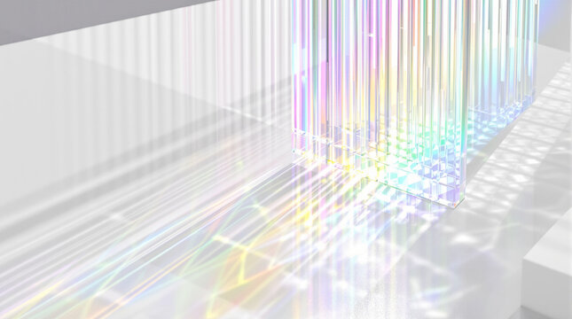 Light passing through a fluted glass panel creating soft rainbow caustics on a white minimal background with copy space