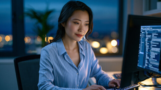 Corporate knowledge management enterprise team lead organizing a digital taxonomy structure on a standing desk workstation in an empty open-plan office at twilight, filing hierarchies visible on scr