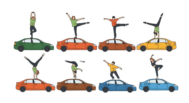 Acrobatic People Balancing on Cars, Dynamic Performance Art
