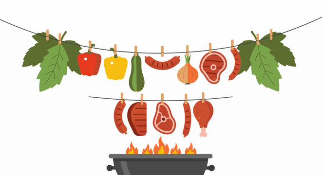 Food items and leaves hanging on clotheslines above a grill with flames