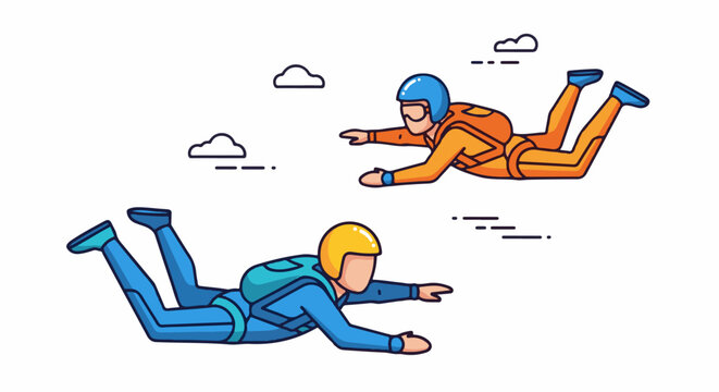 Two divers in colorful suits plunge through the sky