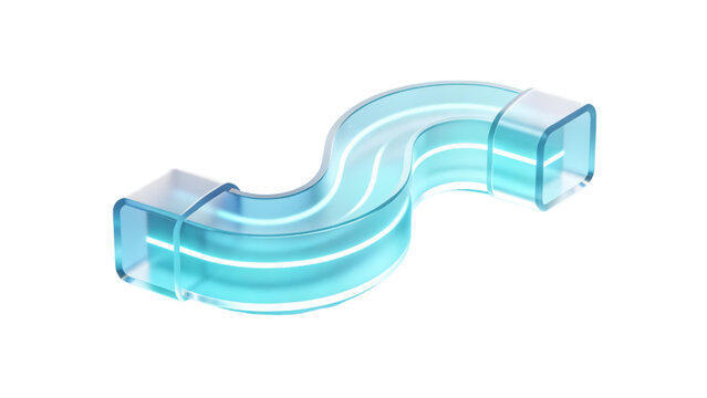 3D glass curved pipe or abstract wave pipeline element with internal light lines, technology interface