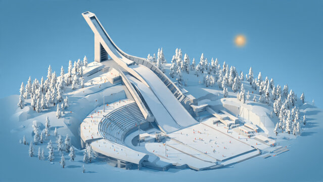Snowy ski jump ramp in winter landscape with surrounding pine trees and blue sky