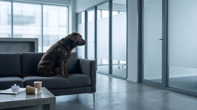 A despondent Labrador Retriever employee slumped in a modern office lounge area looking lonely, side view.