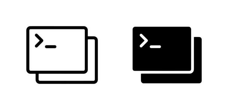 Command Line Interface Icons, Terminal Window Symbols, Console Prompt Vector Graphics, Black and White UI Elements for Software Development and IT