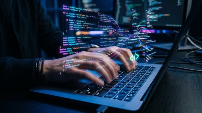 Person typing on laptop with coding interface and colorful lines overlay on screen in dark room