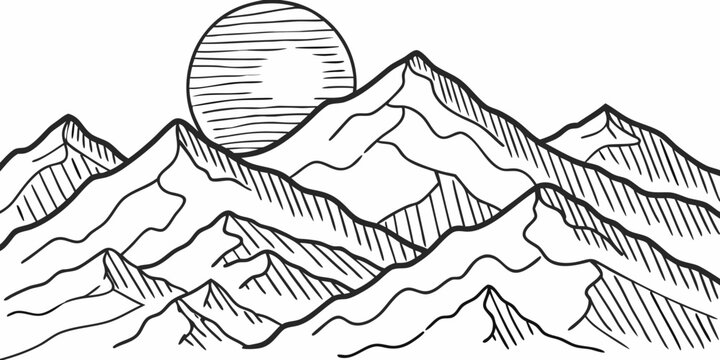 mountain range illustration with sun cross hatched line work on a white background