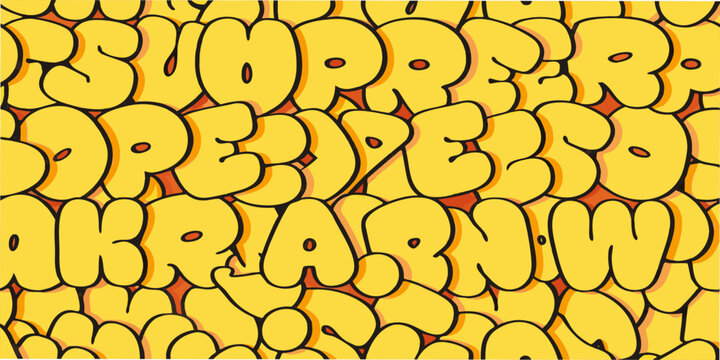 Yellow bubble letter pattern a dense and repeating typographic design