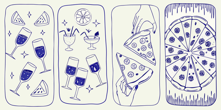monochromatic blue sketches of wine glasses watermelon pizza and citrus fruits on a cream background