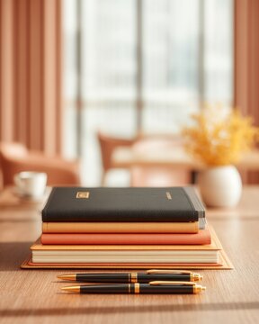 ฺBackground for business Close-up of stack of notebooks and pens on wooden table in cozy home office a clean pinstripe business texture zen peaceful healing business background