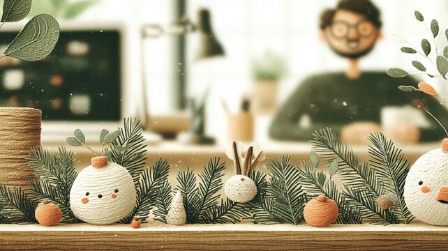 ฺBackground for business Festive Christmas Decoration with Snowman Figurines and Pine Branches in Cozy Home Setting a clean pinstripe business texture zen peaceful healing business background