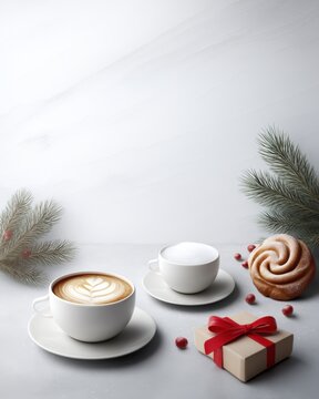 ฺBackground for business Cozy winter scene with coffee cups holiday pine sprigs cupcake and gift box a clean pinstripe business texture zen peaceful healing business background