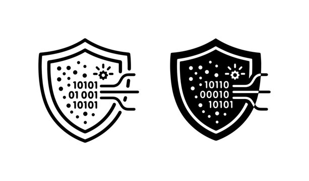 Digital Security Shield Icons, Binary Code Data Protection, Cybersecurity Network Defense, Technology Data Privacy