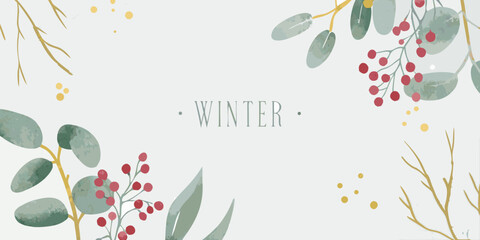 watercolor winter botanical illustration with eucalyptus leaves and red berries on pale background © Rekha